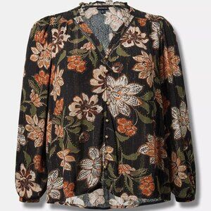 Gauze Long Sleeved Floral Button Down Blouse with Gold accents